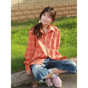 橙色宽松刺绣格子衬衫复古休闲衬衣外套C9812-P55图片