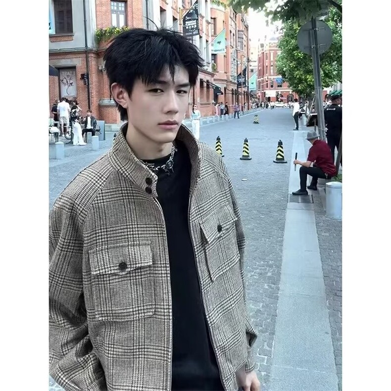 美式复古千鸟格毛呢外套时尚痞帅休闲潮牌男夹克513AJK2421P67,男装夹克,星座513A
