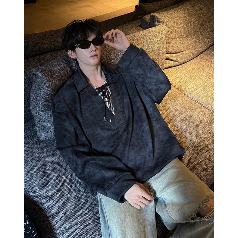 WY10151-特P48 控88 小众扎染撞色拼接条纹假两件大码男宽松卫衣图片