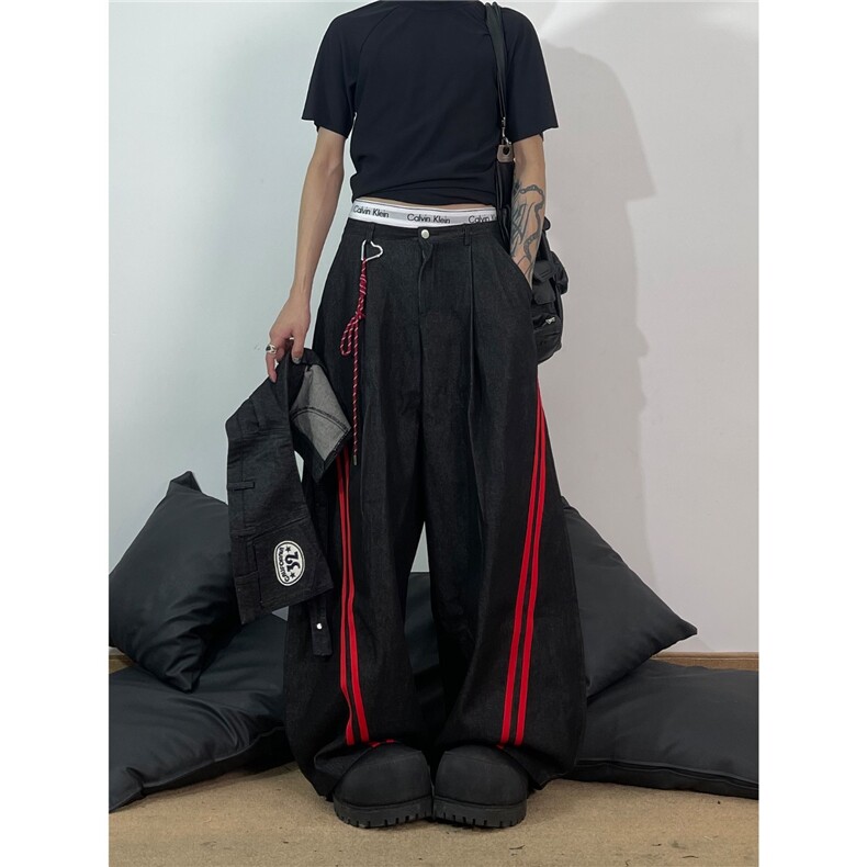 美式假两件可拆卸屁帘侧边条纹弯刀阔腿设计感牛仔裤LNK0055-p68，男装牛仔裤，星座1008