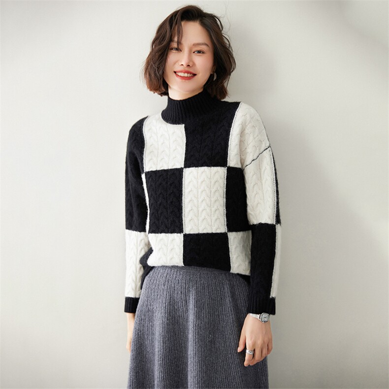 时尚方格嵌花半高领女士羊绒衫优雅显瘦保暖毛衣,女装羊绒衫,迎冬羊绒