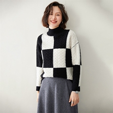 时尚方格嵌花半高领女士羊绒衫优雅显瘦保暖毛衣，女装羊绒衫，迎冬羊绒