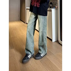 牛仔裤男款直筒宽松高街复古做旧长裤港风潮牌阔腿裤N1077-P40，男装牛仔裤，星座208-5