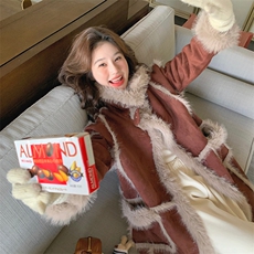 红色复古羊羔毛外套中长款女冬韩系高级感保暖厚实皮毛一体大衣，女装棉衣/棉服，2C203
