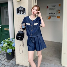现货2D078-T2011-P145K228蕾丝装饰牛仔上衣+短裤真两件套，女装套装/套裙，2D078