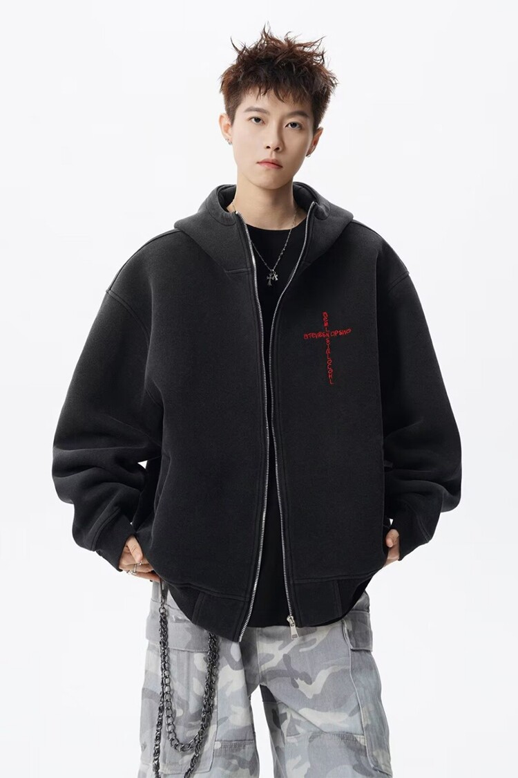 美式慵懒风外套男秋冬季hiphop复古连帽开衫卫衣大码宽松情侣上衣,女装短外套,星座218-8