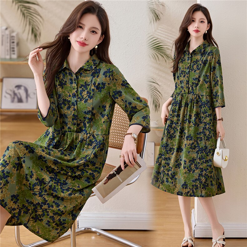 春夏新款时尚宽松休闲碎花七分袖连衣裙，女装连衣裙，姿衣坊