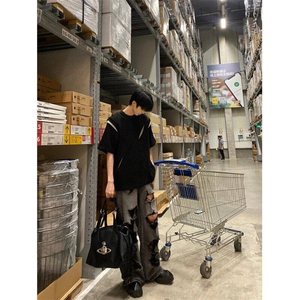 美式解构拼接正肩t恤小众设计感刀割垫肩短袖男高级感LTK7033-P35图片