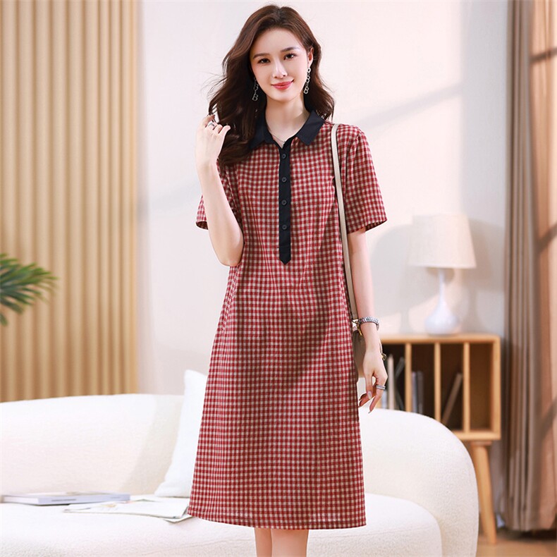 2023夏装新款拼色中长款宽松棉麻短袖连衣裙POLO领休闲风，女装连衣裙，伊满意