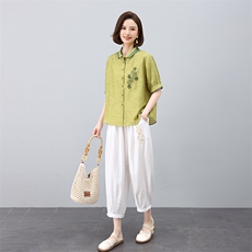 高端时尚刺绣翻领短袖苎麻套装女2025夏季新款休闲洋气妈妈两件套，女装套装/套裙，凝聚力