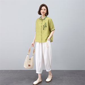 高端时尚刺绣翻领短袖苎麻套装女2025夏季新款休闲洋气妈妈两件套图片