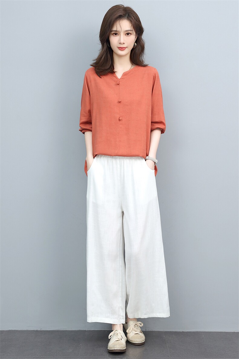 2022春款宽松显瘦棉麻上衣女长袖V领休闲百搭透气舒适T恤,女装T恤,悦见她