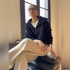 新款纯色半高拉链时尚休闲慵懒风，女装针织衫/毛衣，锦瑟羊绒