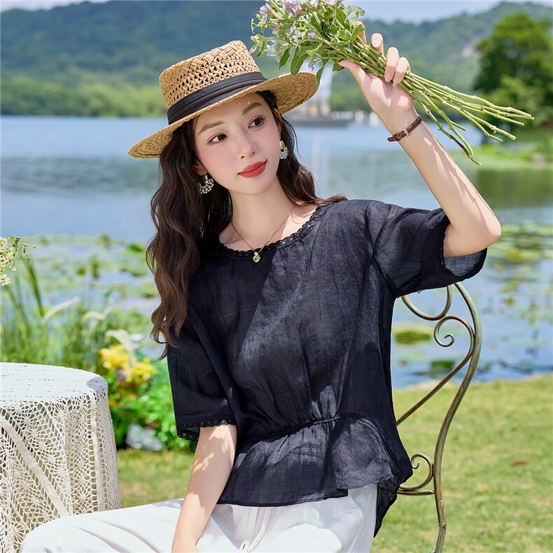 2026夏季文艺风套装，藏青暗花收腰显瘦质感高级搭配裤子清凉透气,女装套装/套裙,米莱