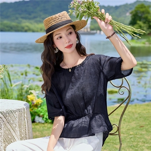 2026夏季文艺风套装，藏青暗花收腰显瘦质感高级搭配裤子清凉透气图片