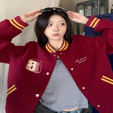 美式复古红色棒球服女春秋加厚字母刺绣新年战袍夹克外套宽松上衣，女装卫衣/绒衫，星座218-8