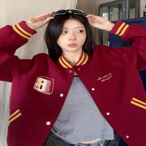 美式复古红色棒球服女春秋加厚字母刺绣新年战袍夹克外套宽松上衣图片