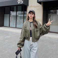 军绿色皮衣外套女2025秋季新款美式街头宽松休闲短款PU机车皮夹克，女装短外套，帛香坊