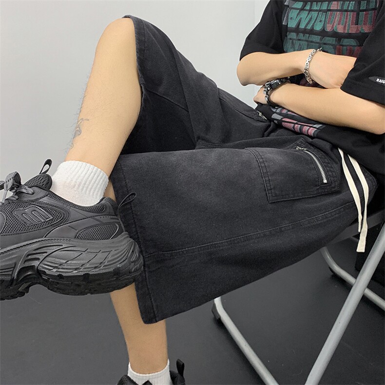夏季新款松紧腰短裤男款拉链设计感工装牛仔薄款短裤图片