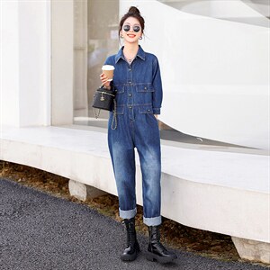 时尚显瘦牛仔连体裤女宽松高腰长袖休闲工装裤百搭气质女装，女装连体裤，秋水欣儿