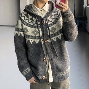 重磅秋冬北极绒开衫毛衣美式复古休闲慵懒风牛角扣针织衫连帽外套图片
