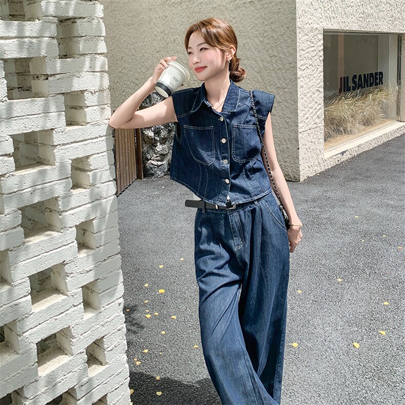 港风气质盐系穿搭工装风牛仔套装女2025夏季新款马甲阔腿裤两件套,女装套装/套裙,2D078