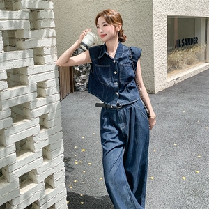 港风气质盐系穿搭工装风牛仔套装女2025夏季新款马甲阔腿裤两件套图片