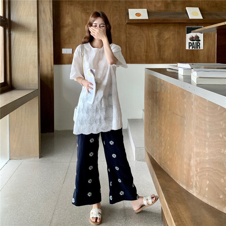 【新款-现货】蕾丝刺绣上衣+刺绣裤子两件套,女装套装/套裙,2C283