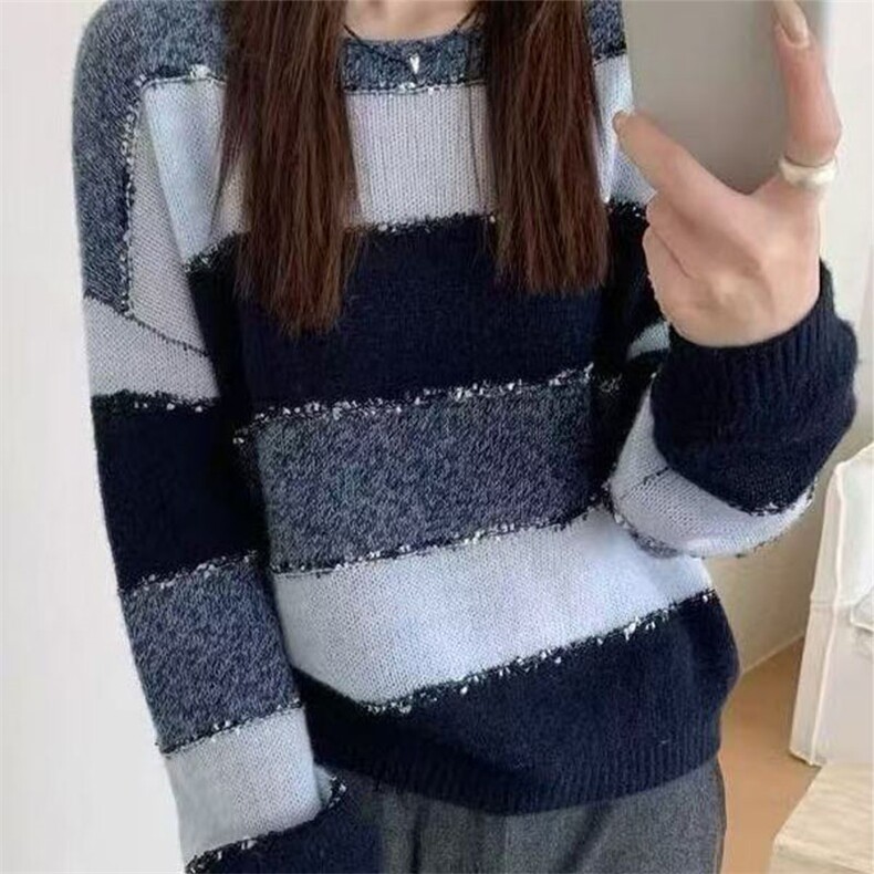 慵懒风撞色条纹毛衣女款2025新款早秋百搭穿搭宽松显瘦针织上衣,针织衫/毛衣,萱芳婷羊绒