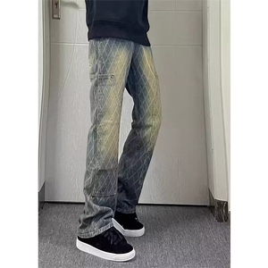提花格子牛仔裤男秋冬拼接小众设计感高级痞帅直筒裤美式高街裤子图片