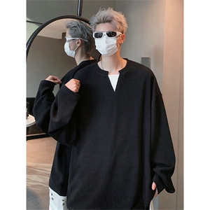 特批P35无差价秋季假两件肌理感V领卫衣痞帅潮长袖T恤上衣男T1707图片