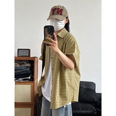 短袖衬衣男夏季新品港风宽松大码设计青年格子衬衫CS280-P35，男装衬衫，星座301C-5