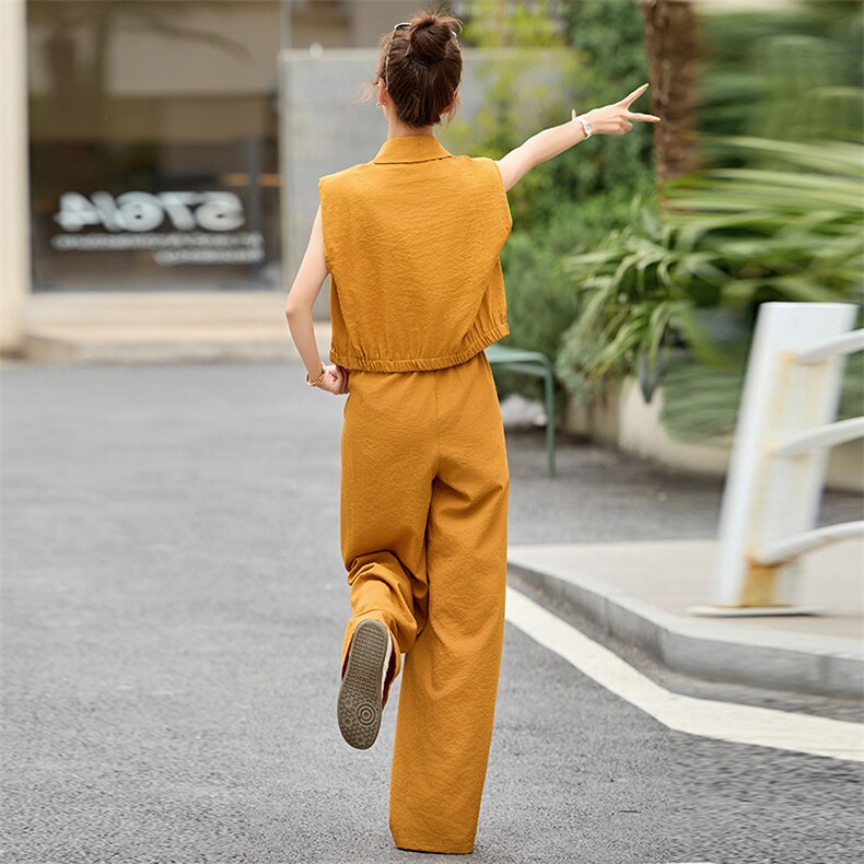 夏日漂亮小套装女2025夏季新款超火减龄黄色穿搭马甲阔腿裤两件套,女装套装/套裙,罗腾