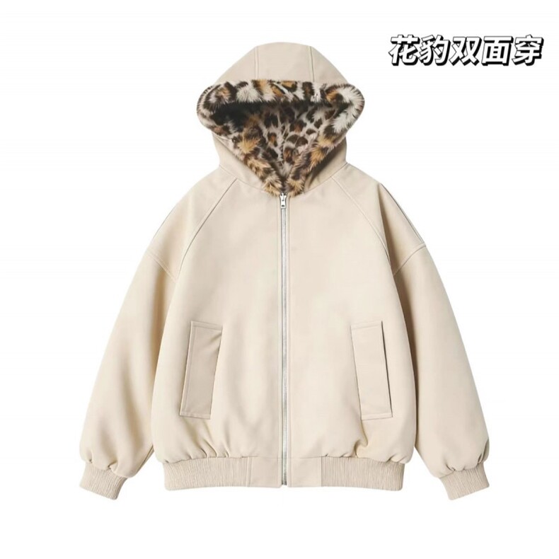 网图慎用座山雕荔枝纹双面穿PU皮豹加绒男女连帽棉衣PYM659P100,男装棉衣,电商A128