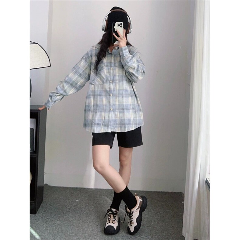 TC704-P45夏日小清新清爽蓝色格纹衬衣2026新款宽松防晒外套,女装衬衫,星座617A-2