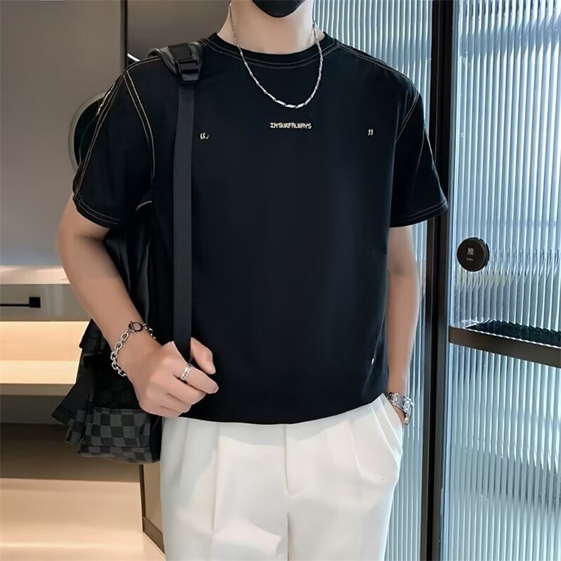 新款休闲宽松刺绣字母冰丝短袖T恤男潮流百搭纯棉半袖衫tG32,男装T恤,星座1116A-2（原606A-1）