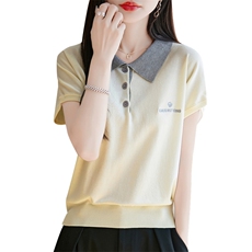 夏季新款撞色POLO领针织短袖女洋气宽松显瘦减龄冰丝翻领T恤上衣，女装T恤，菲奥羊绒