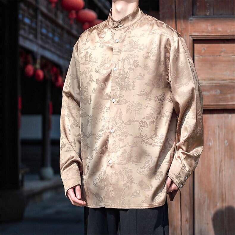 现货2025新中式新款春装长袖提花衬衫CS01-P75控89,男装衬衫,电商A021