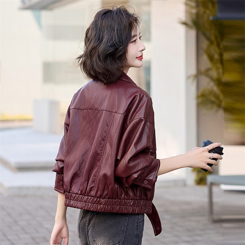 流行风格翻领皮衣外套女2025秋季复古高级感宽松百搭气质机车夹克,女装皮衣,天丽