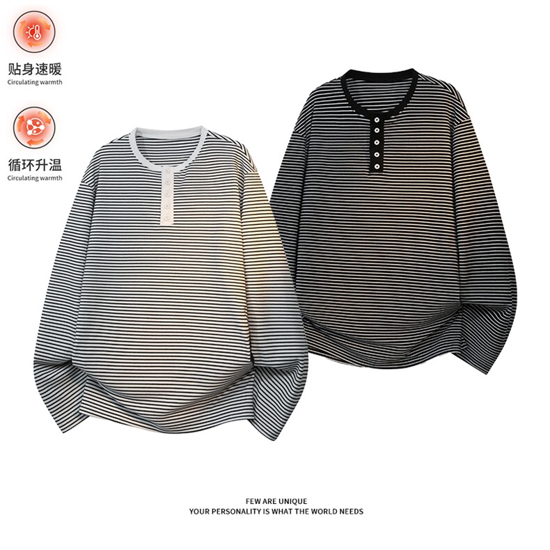 德绒条纹亨利领打底衫美式休闲宽松长袖T恤男Q51157-TP4088图片