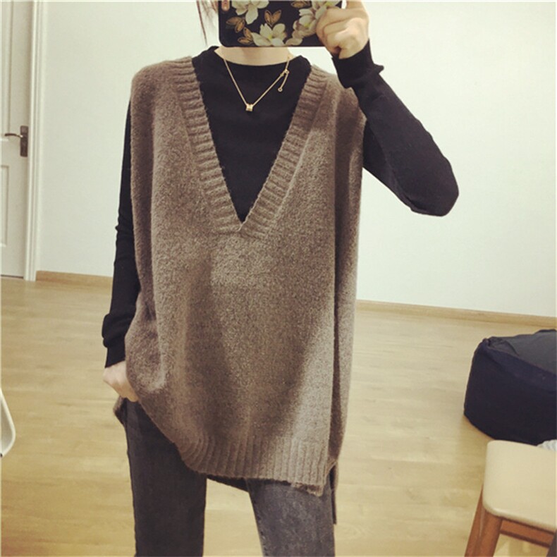 遮肉神器宽松羊毛外搭马甲女长款V领针织背心大码毛衣坎肩外套,女装马甲,洁纯羊绒