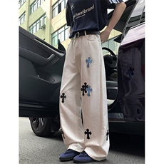 十字架贴皮牛仔裤男女微喇直筒ins宽松阔腿拖地弯刀长裤KC1155，男装皮裤，星座1116A（原606A-3）