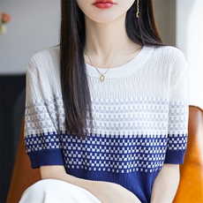 时尚渐变短袖t恤女夏季2025新款打底衫洋气大码女装冰丝针织上衣，女装T恤，皓宇羊绒