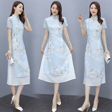 2023夏装新款时尚气质旗袍领设计简约优雅修身显瘦连衣裙，女装连衣裙，媚琳依坊