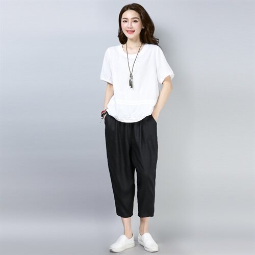 2021夏新款短袖T袖宽松大码女装休闲套装棉麻套装991款,女装套装/套裙,秋牧寒烟