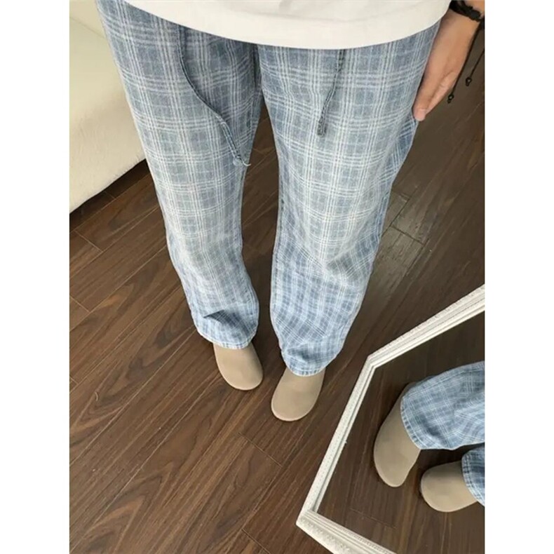 蓝格子半松紧腰微喇牛仔裤NNC433,男装牛仔裤,星座208-5