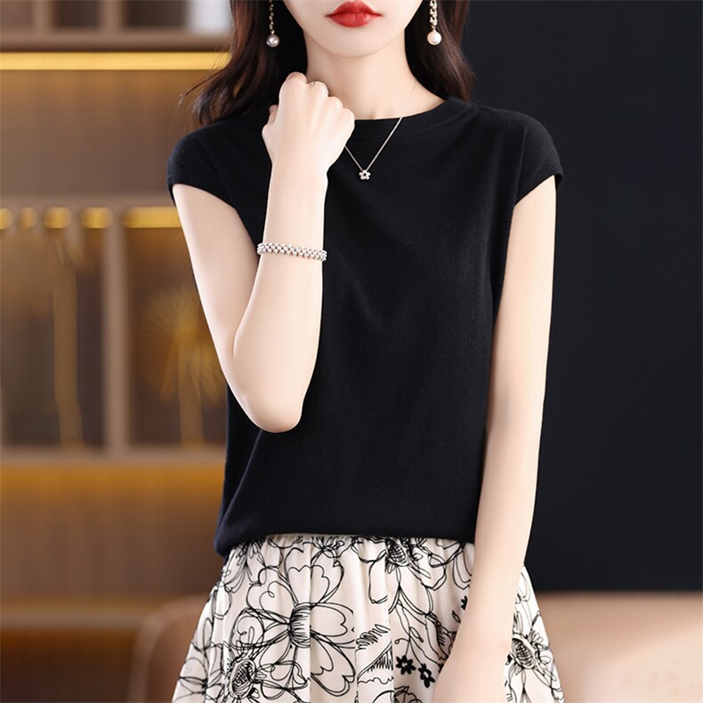 天丝亚麻针织短袖t恤女2025春薄款圆领无袖上衣冰丝背心落肩T恤女,女装羊毛衫,蚂蚁派对工厂直营店