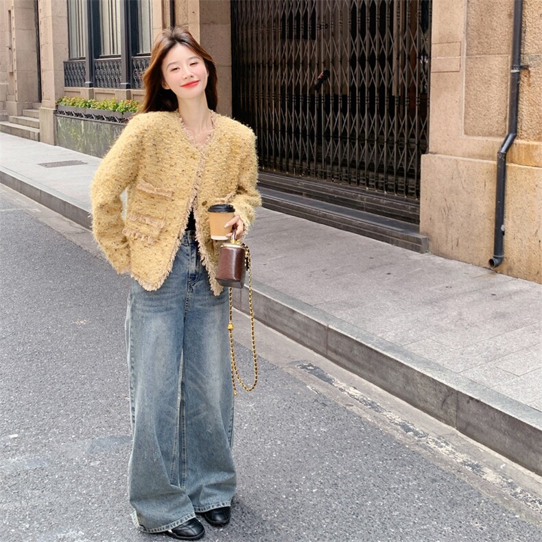 黄色小香风外套女2025秋季新款法式千金风气质显瘦小个子短款上衣图片