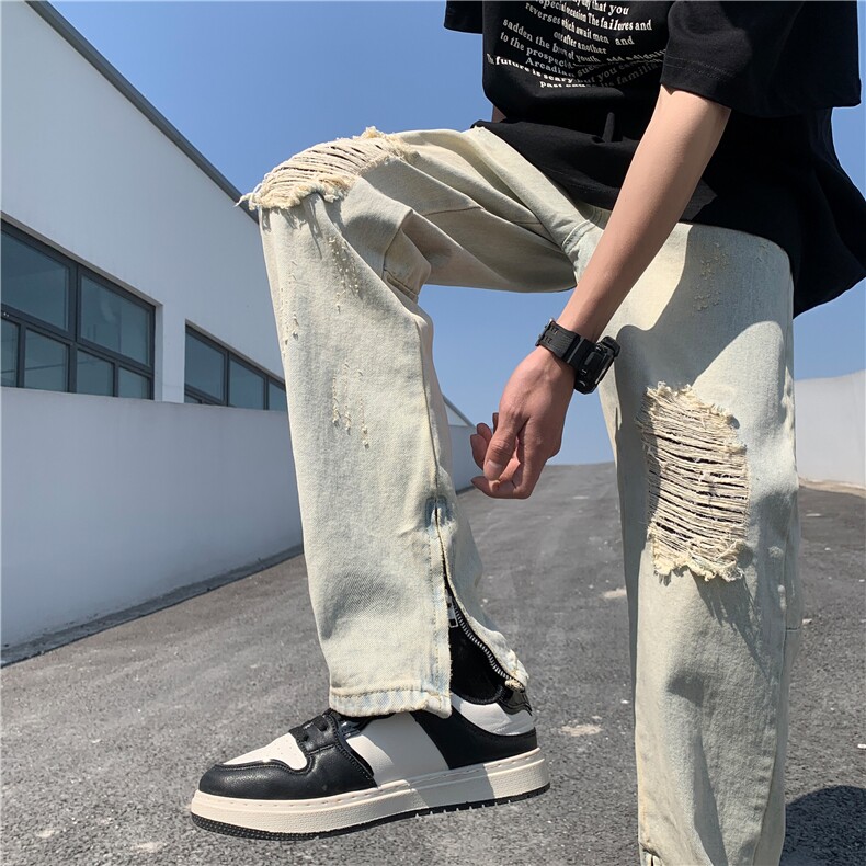 DXK8035-P50潮牌美式复古刀割破洞做旧水洗新款牛仔裤男直筒长裤,男装牛仔裤,星座603-2