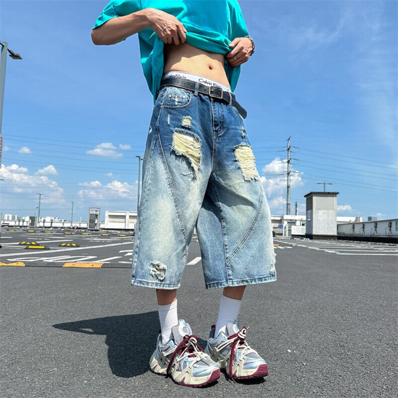 渐变水洗刮破宽松七分牛仔裤美式复古水洗女直筒阔腿裤夏,男装牛仔裤,星座410-6（原星座1304-1）